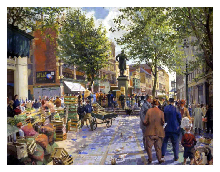 Clifford Charles Turner (1920-2018) : A wonderfully vibrant oil painting of the Hayes, Cardiff.
