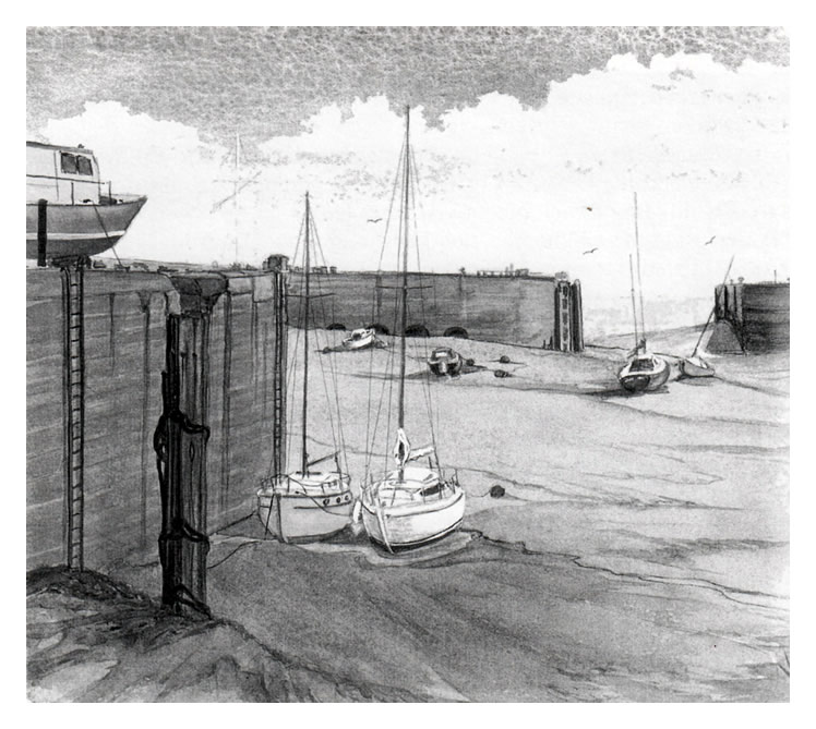 Yvonne Falcon - A watercolour of the Penarth Dock Basin before the Marina.