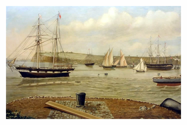 British Naive School - An anon oil on canvas painting of Penarth Head from Bute Docks in the mid-19th century.