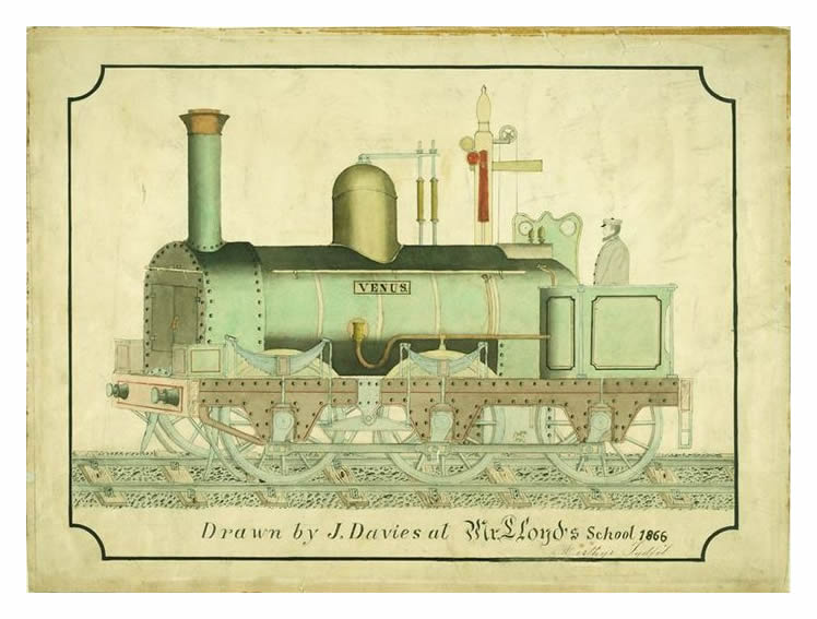 Watercolour drawing of the Taff Vale Railway 0-6-0T Locomotive 'Venus' as 'Drawn by J. Davies at Mr. Lloyd's School 1866', in Merthyr Tydfil.