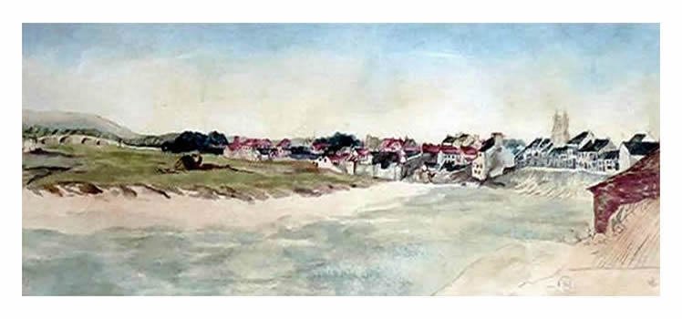 Baden-Powell, Mrs. H. G. - St. Mary Street, Cardiff - 1840- Showing damage done by a flood in the River Taff - Reproduction from an original colour drawing by Mrs. H. G. Baden-Powell.
