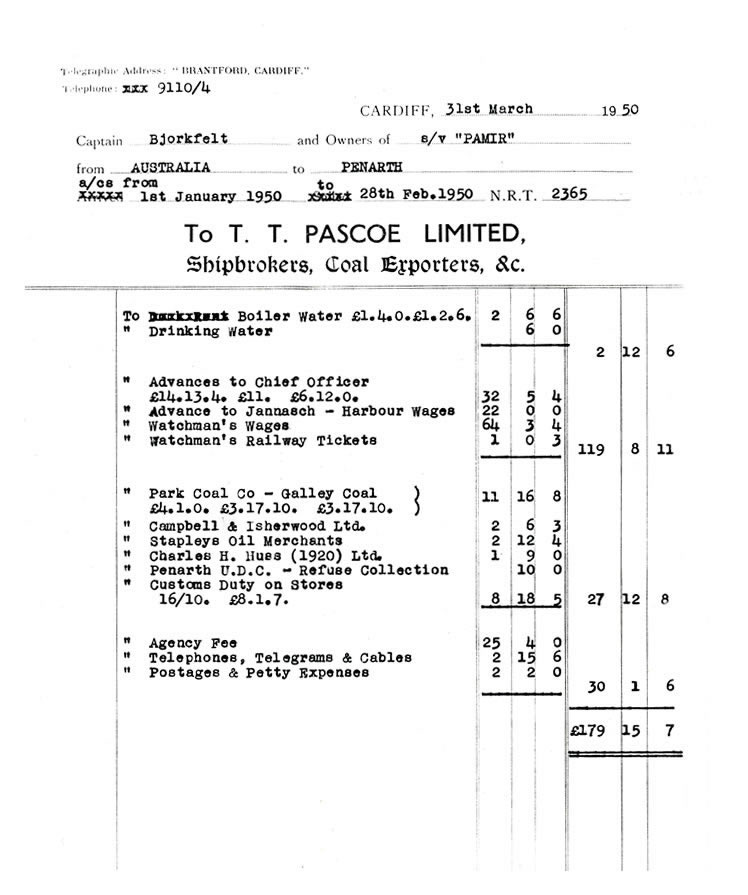 Account for January and February 1950 - Pamir at Penarth Dock