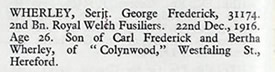 The entry for George within the Commonwealth War Graves Commission - Graves Registration Document - Index No. M. R. 21 Thiepval Memorial Part XLVII.