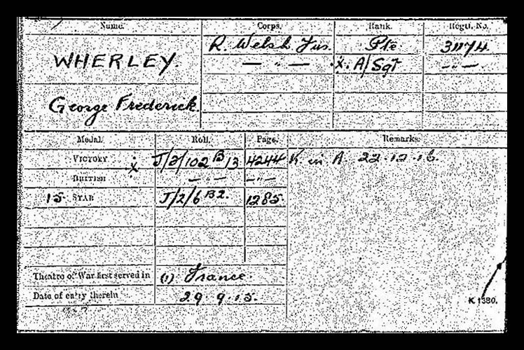 Medal card of Wherley, George Frederick Corps: Royal Welsh Fusiliers Regiment.