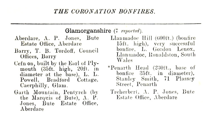 The Coronation Bonfires in Glamorganshire - 1911.