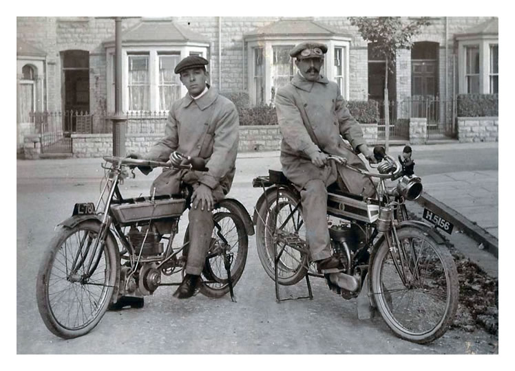 c.1911 - Two gentlemen proudly showing their Triumph? motorcycles. The photograph was taken from Windsor Place looking onto Windsor Road, Penarth.