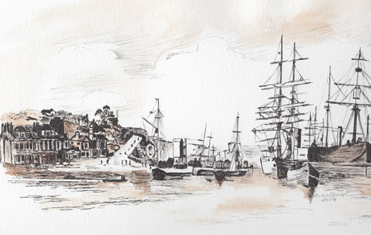 Pen and wash drawing by Julie Carder of ships entering and departing Penarth Dock passing the Custom House and Mercantile Marine Offices