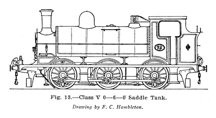 "Class V." - In 1899, six 0&mdash;6&mdash;0 saddle tank engines were obtained from Messrs. Kitson & Co., Ltd.