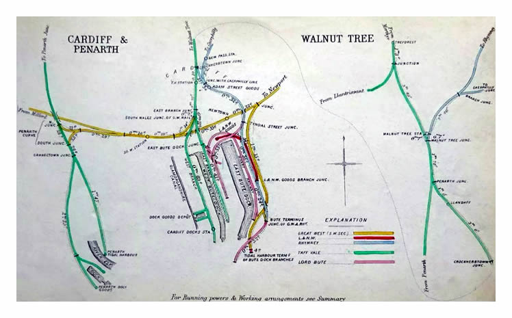 1883 - Railway Junction Diagram including routes to Penarth Dock and the Ely Tidal Harbour.