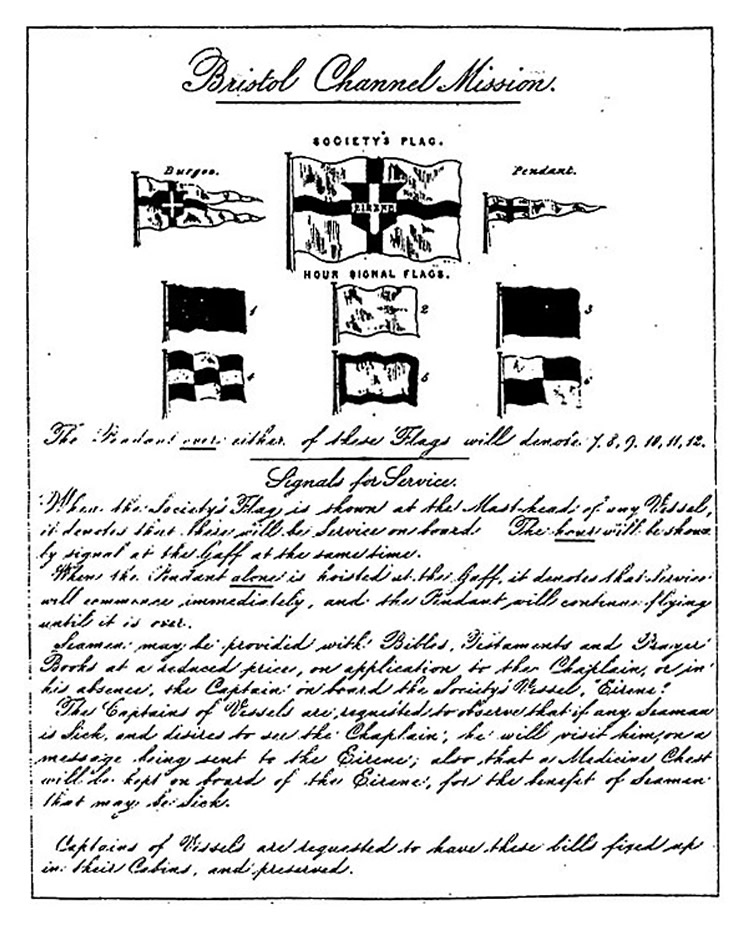 A bill defining flag signals used on the Mission ship 'Eirene' to indicate times of services from the Report of the Bristol Channel Mission Society, 1839-41
