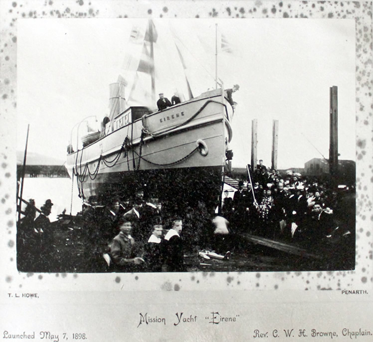 The Mission Yacht "Eirene", launched May 7, 1898. The Rev. C. W. Browne, Chaplin and the photographer was T. L. Howe of Penarth. 