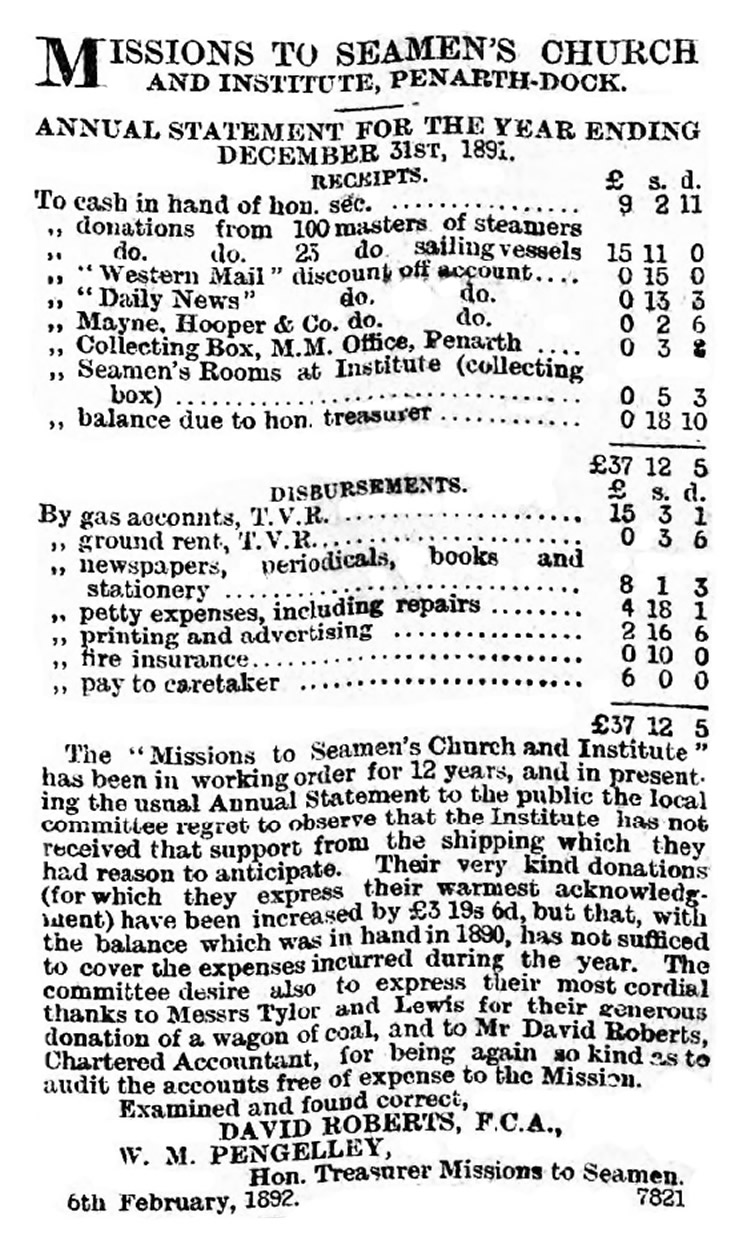 The Annual Statement of the Missions to Seamen's Church and Institute, Penarth Dock for the year ending 31st December 1891. 