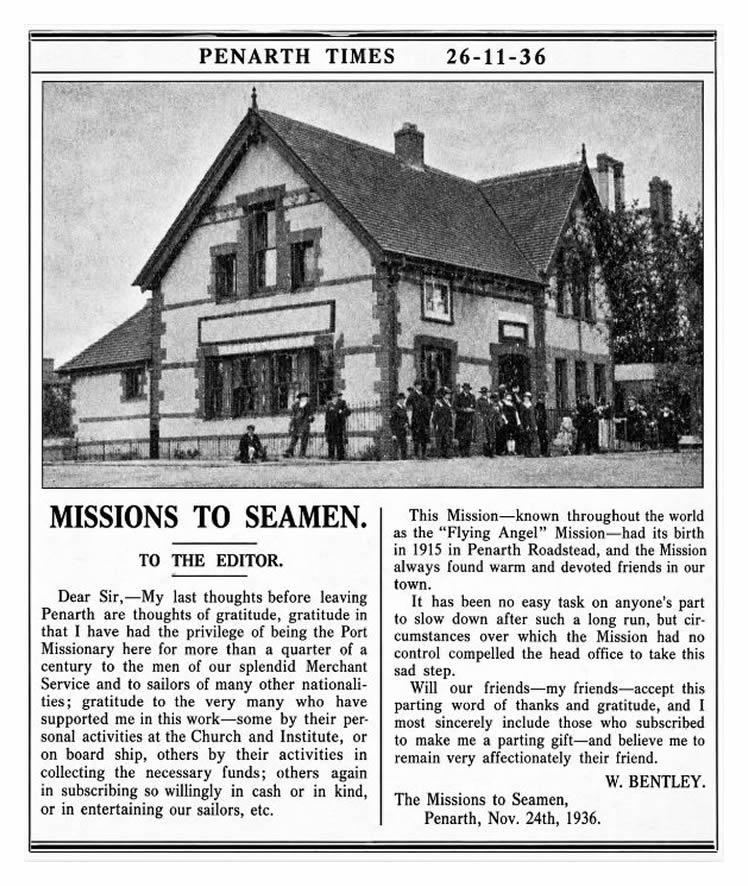 1936 - Missions to Seamen's Reading Rooms, Penarth. - A letter to the editor as published within the Penarth Times during November 1936 penned by Mr. W. Bentley, the Port Missionary for the previous 25 years.