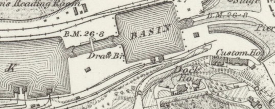 Section of OS map c.1880 showing the swing bridge labeled 'Draw Br.' 
