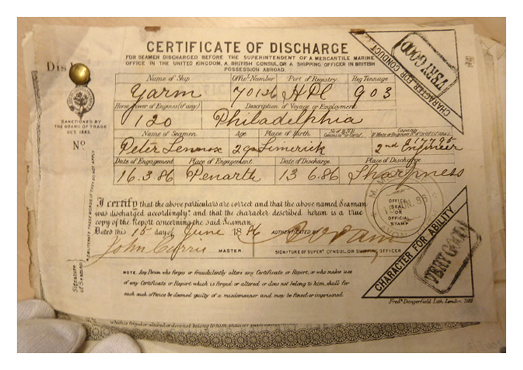 1896 - A Certificate of Discharge for Peter Lennox of Limerick who signed on at Penarth and was discharged at Sharpness. 