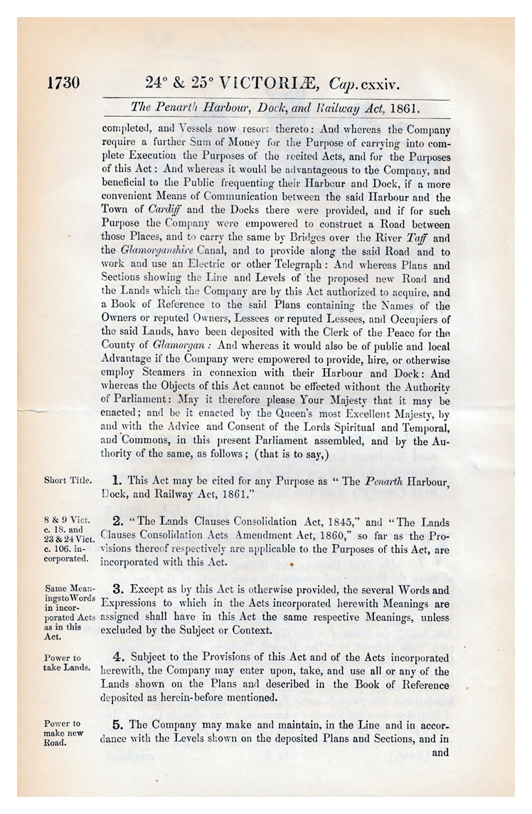 The Penarth Harbour, Dock, and Railway Act, 1861.