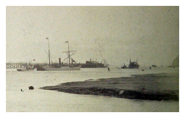 'Slipway at High Water 2.40 pm Saturday March 22, 1884. - Neap Tide - s.s. 'Tentonia' - leaving Roath basin.' 