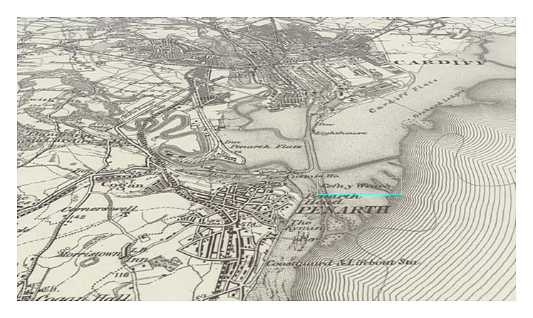 The OS map c.1900 shows the relationship of Cefn-y-Wr&acirc;ch to Penarth Head.