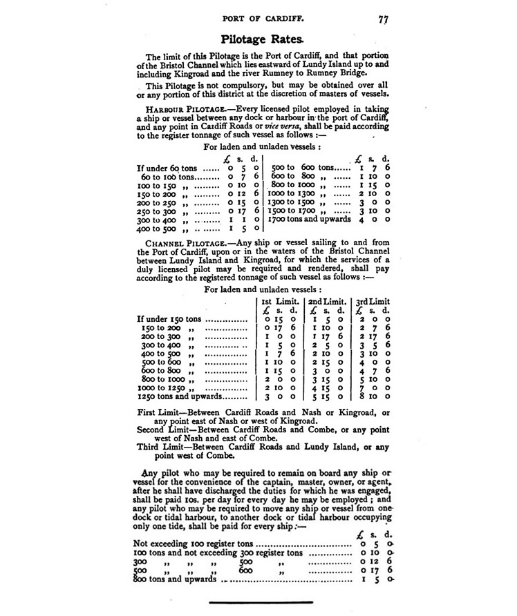 Pilotage Rates of the Port of Cardiff from William Turner's guidebook 'The Port of Cardiff' published in 1882