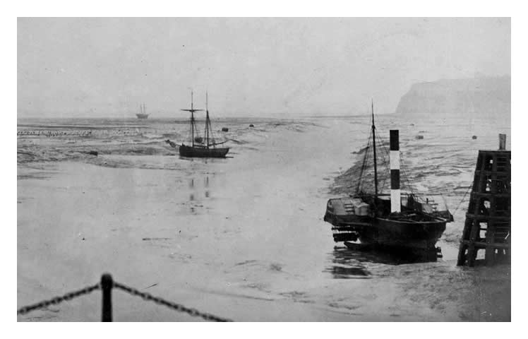 1864 - The view from the Pierhead Cardiff of the dredged channel through the mud and the Cefn y Wr&acirc;ch shoal.