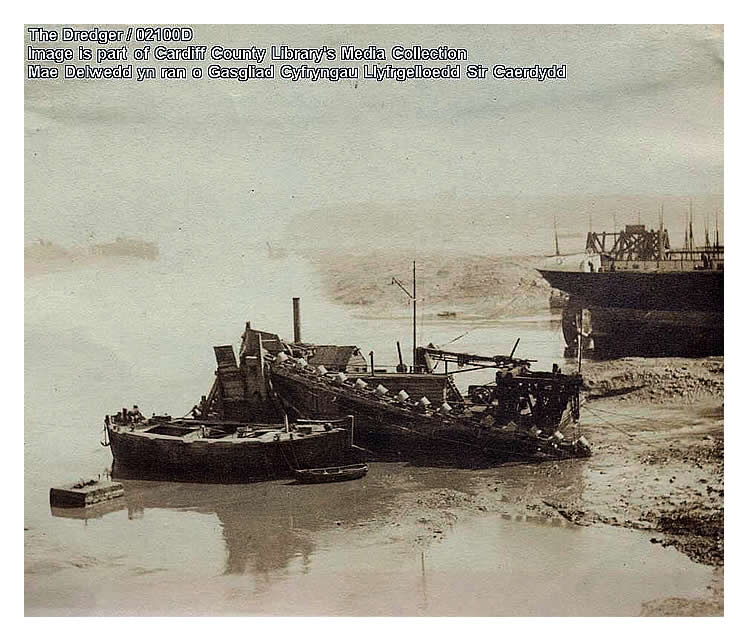 1890 - A dredger and lighter barge at low water close by Pierhead, Bute Docks, Cardiff.