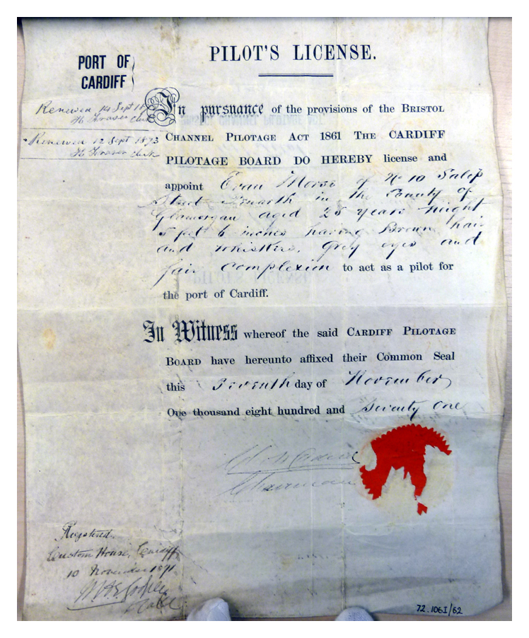 1871 - Port of Cardiff - Pilot's License - Evan Morse of Salop Street, Penarth.