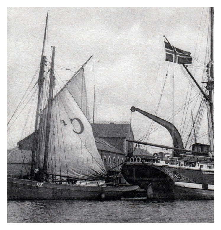 1904 - Cardiff, The Docks - with Pilot Cutter No. 67 moored astern of a three masted Norwegian vessel.