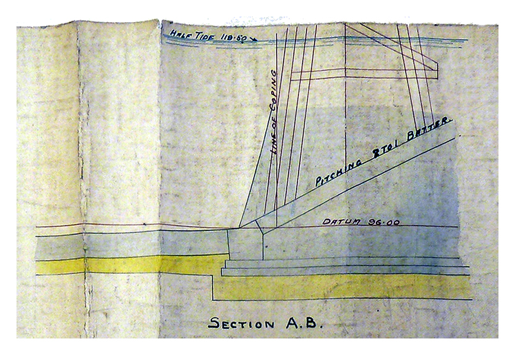 1920-1921 - A cross-sectional view on a line indicated 'A-B' in the mid-image showing the stone pitching minimum angle expressed as a ratio of 2:1. 