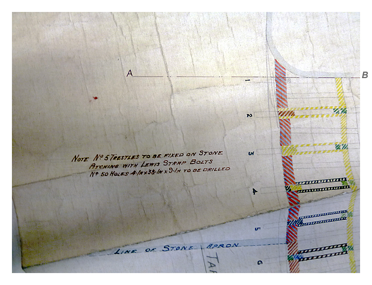 'Note : No. 5 trestles to be fixed on stone arching with Lewis strap bolts. No. 50 holes 4 in. x 3&frac12; in. x 9 in. to be drilled.'