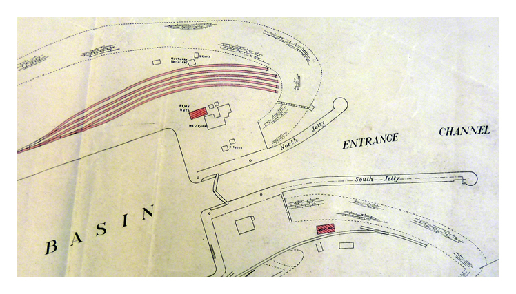 A dock plan of the North Jetty and South Jetty at Penarth Dock issued by the G.W.R. Divisional Docks Engineer's Office at Barry Docks and stamped 16th November 1932. 