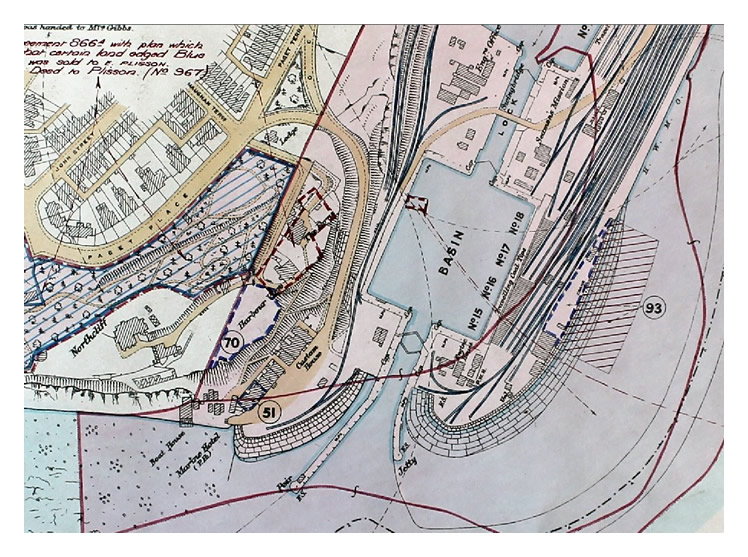 A section of the GWR plan of Penarth Dock which was originally prepared during the TVR era. The date of this plan is c.1928 - 1933 and was prepared as a survey of occupants of the dockside premises. 