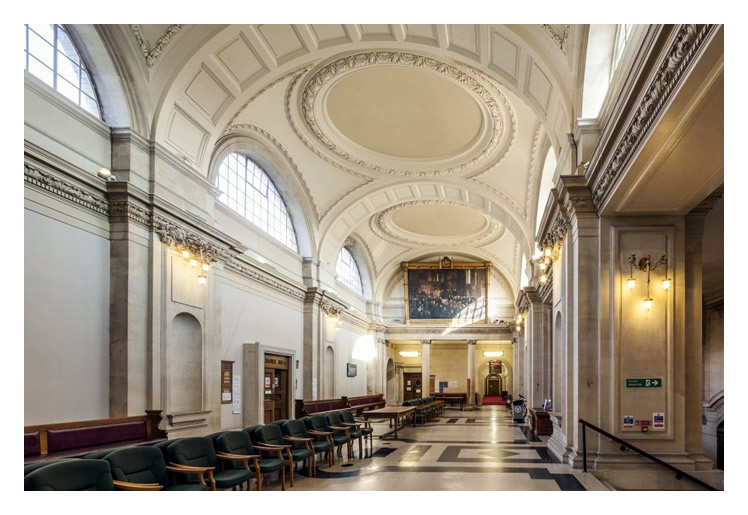 A photograph of the interior of the Cardiff Law Courts Hall taken during April 2015 and held within a collection of Investigators' Digital Photography by Coflein.