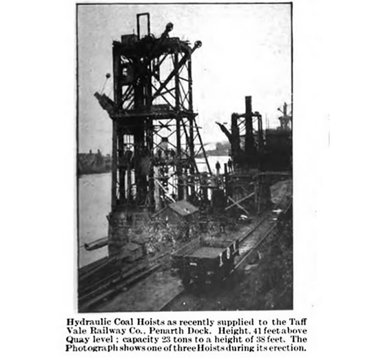 Hydraulic Coal Hoists as recently supplied to the Taff Vale Railway Co., Penarth Dock.