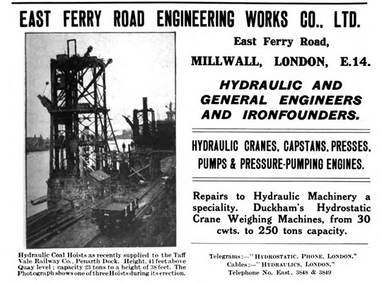An advertisement for the East Ferry Engineering Works Co., Ltd. featuring the coal tips at Penarth Dock