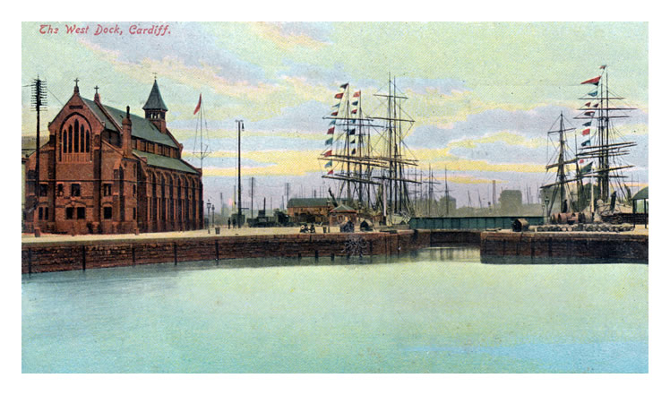 The West Dock and Mission to Seamen's Church, Cardiff.