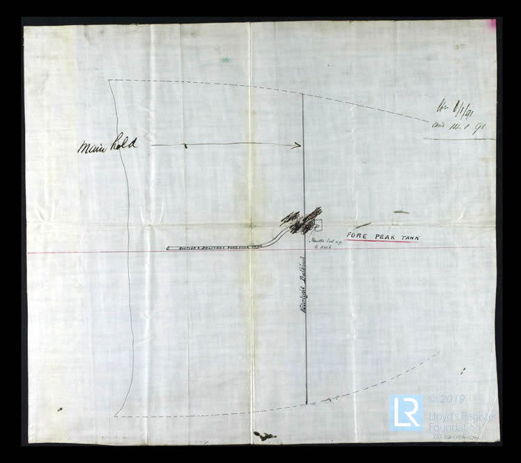 s.s. 'Aira Force' - A drawing being a plan view Fore Peak Tank and extent of Hold of 's.s. No.12'.