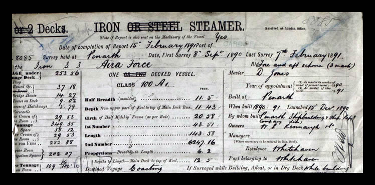 s.s. 'Aira Force' - Iron Steamer Report for Aira Force, 15th February 1891 : page 1 of 3. 