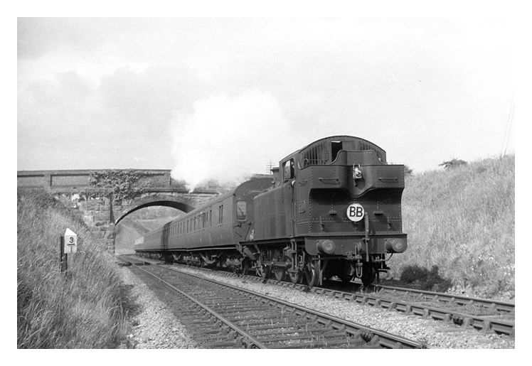 June 1949 - 0-6-2T passenger train photographed just west (Dinas Powis side) of the western portal of Cogan tunnel.