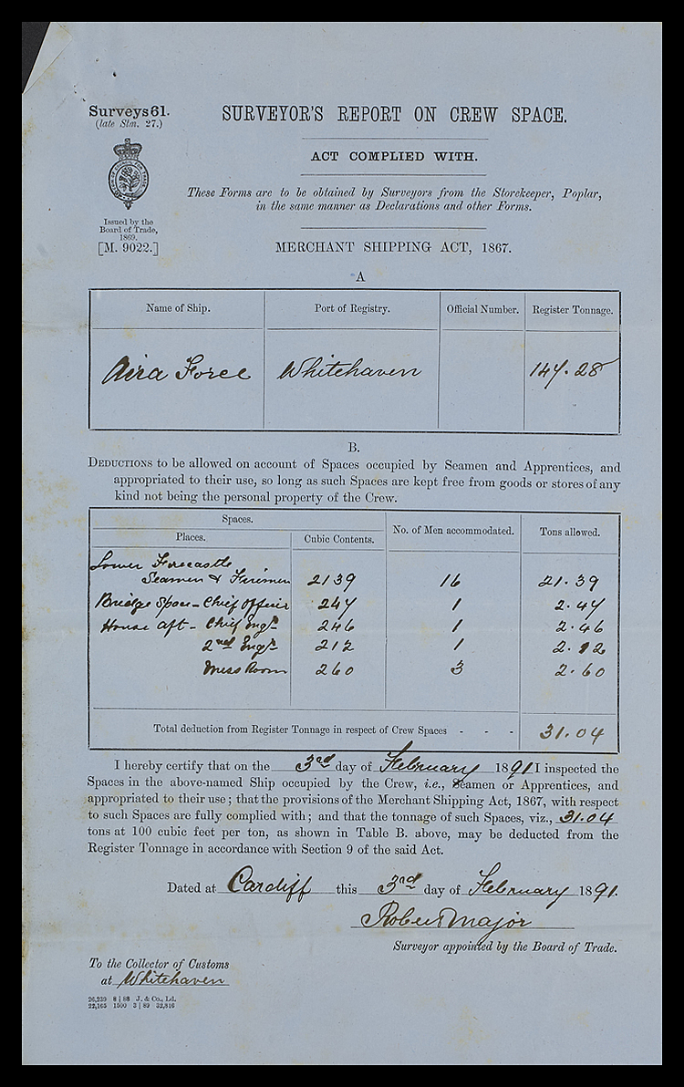 Surveyor's Report on Crew Space in accordance with the Merchant Shipping Act of 1867.