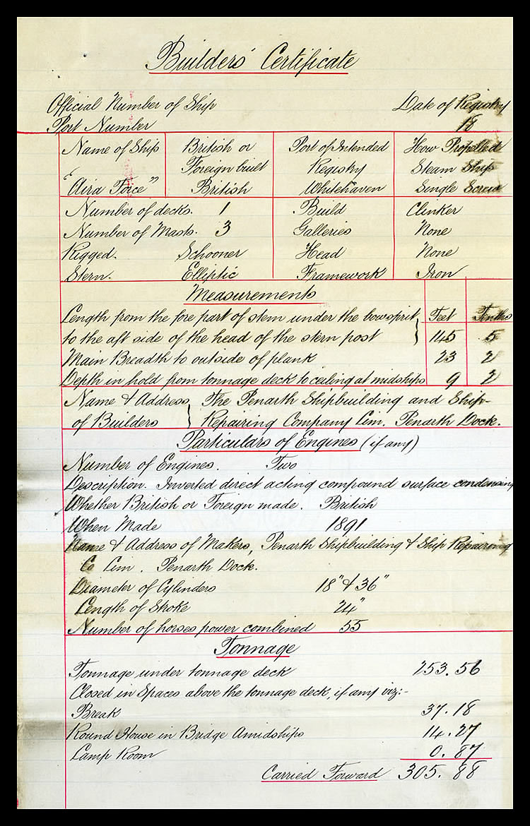 1891 - Builder's Certificate - Page 1 - Penarth Shipbuilding and Ship Repairing Company, Limited.