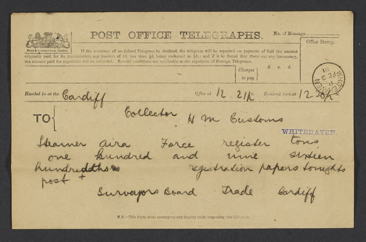 1891 - A Telegram dated 3rd February 1891 from the Board of Trade at Cardiff to the Collector of H. M. Customs at Whitehaven.