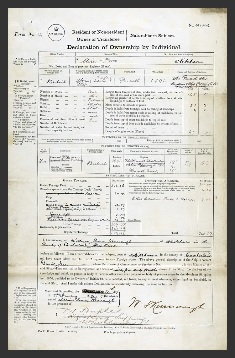 The Declaration of Ownership by Individual for the s.s. 'Aira Force' assigning ownership of the vessel to William S. Kennaugh of Whitehaven in the County of Cumberland, a shipowner.