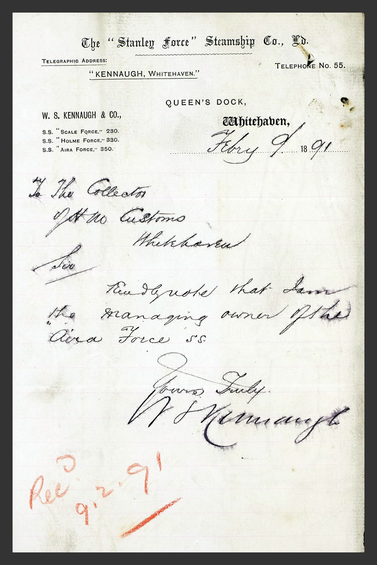 A letter from The " Stanley Force " Steamship Company, Limited of Queen's Dock, Whtehaven, dated 9th February 1891, to the Collector of the Customs, Whitehaven.
