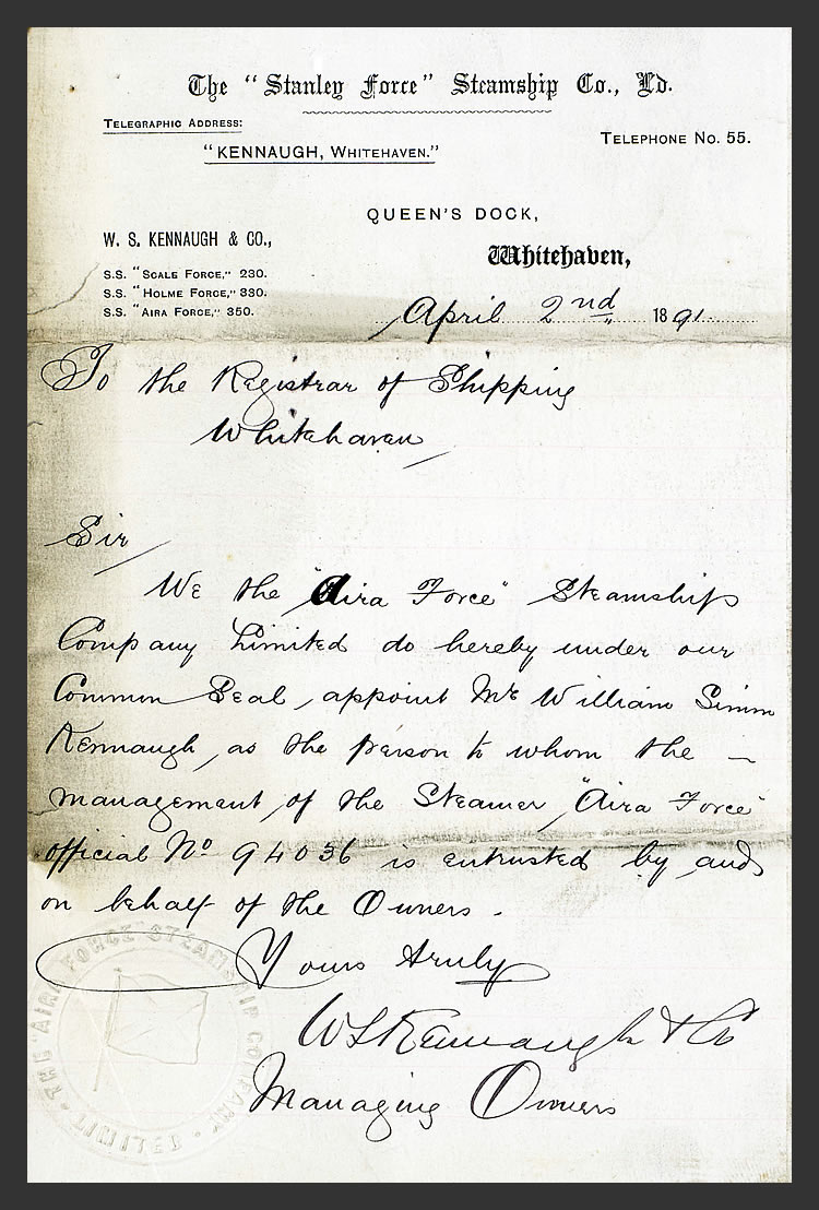1891 - s.s. 'Aira Force' - A letter dated 2nd April 1891 To the Registrar of Shipping at Whitehaven on headed paper of The " Stanley Force " Steamship Company Limited.