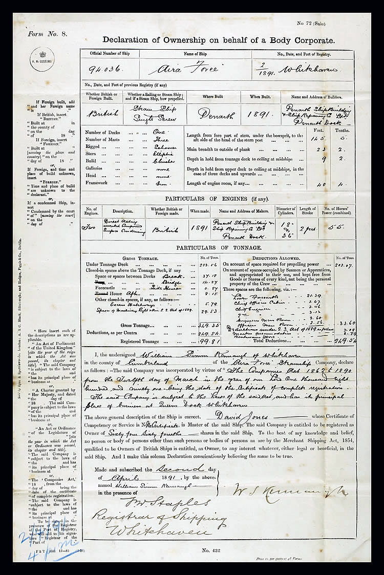 1891 - s.s. 'Aira Force' - Declaration of Ownership of a Body Corporate - signed by Mr. W. S. Kannaugh and dated 2nd April 1891 in the prescence of Mr. Staples the Registrar of Shipping at the Port of Whitehaven. 