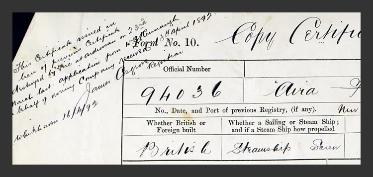 1892 - s.s. 'Aira Force' - Copy Certificate of British Registry.