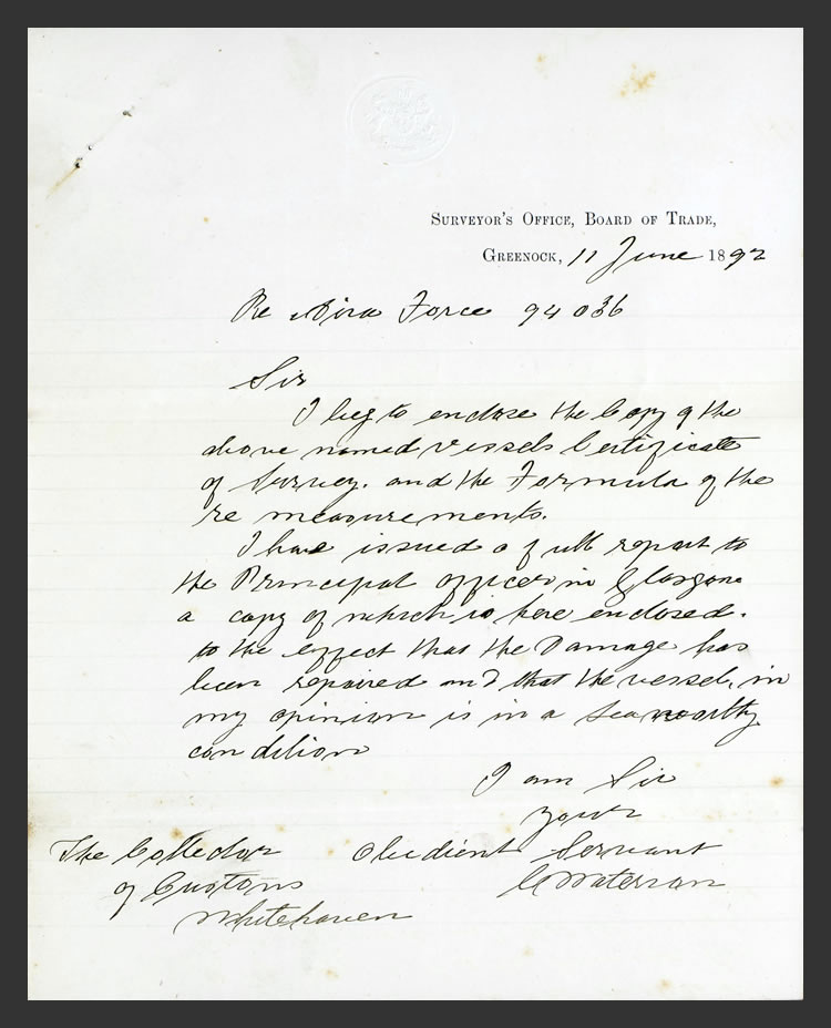 s.s. 'Aira Force' - A letter issued from the Surveyor's Office, Board of Trade, Greenock, on the 11th June 1892.
