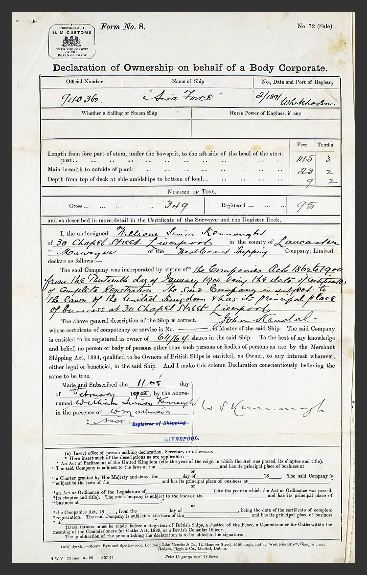 1905 - Declaration of Ownership on behalf of a Body Corporate - Change of Registration of the s.s. 'Aira Force' to West Coast Shipping Company, Limited of Liverpool. 