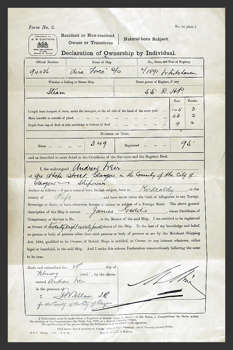 1905 - s.s. 'Aira Force' - Declaration of Ownership by Individual.