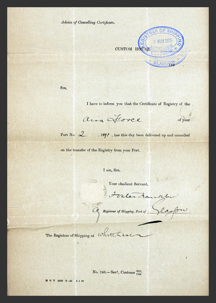 1905 - s.s. 'Aira Force' - Advice of Cancelling Certificate.